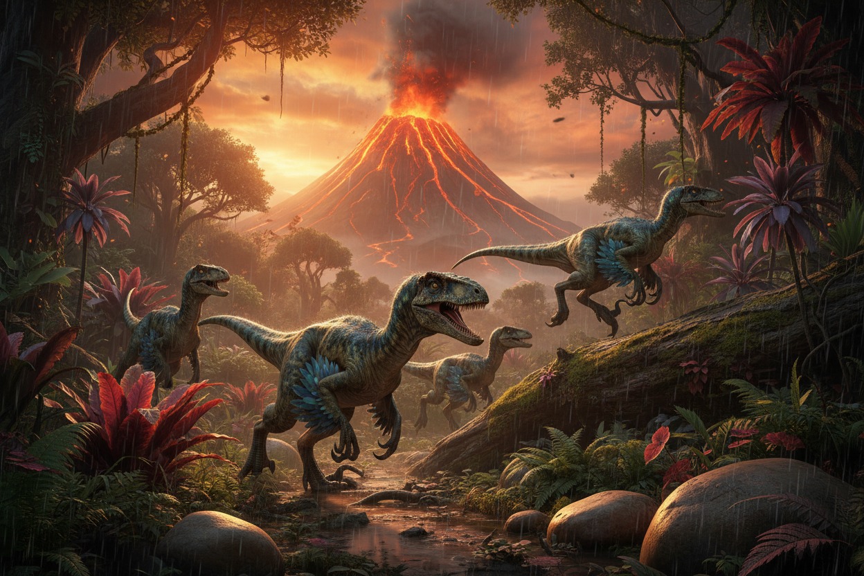 Un grupo de velocirraptores camina por una selva tropical bajo la lluvia frente a un volcán en erupción.