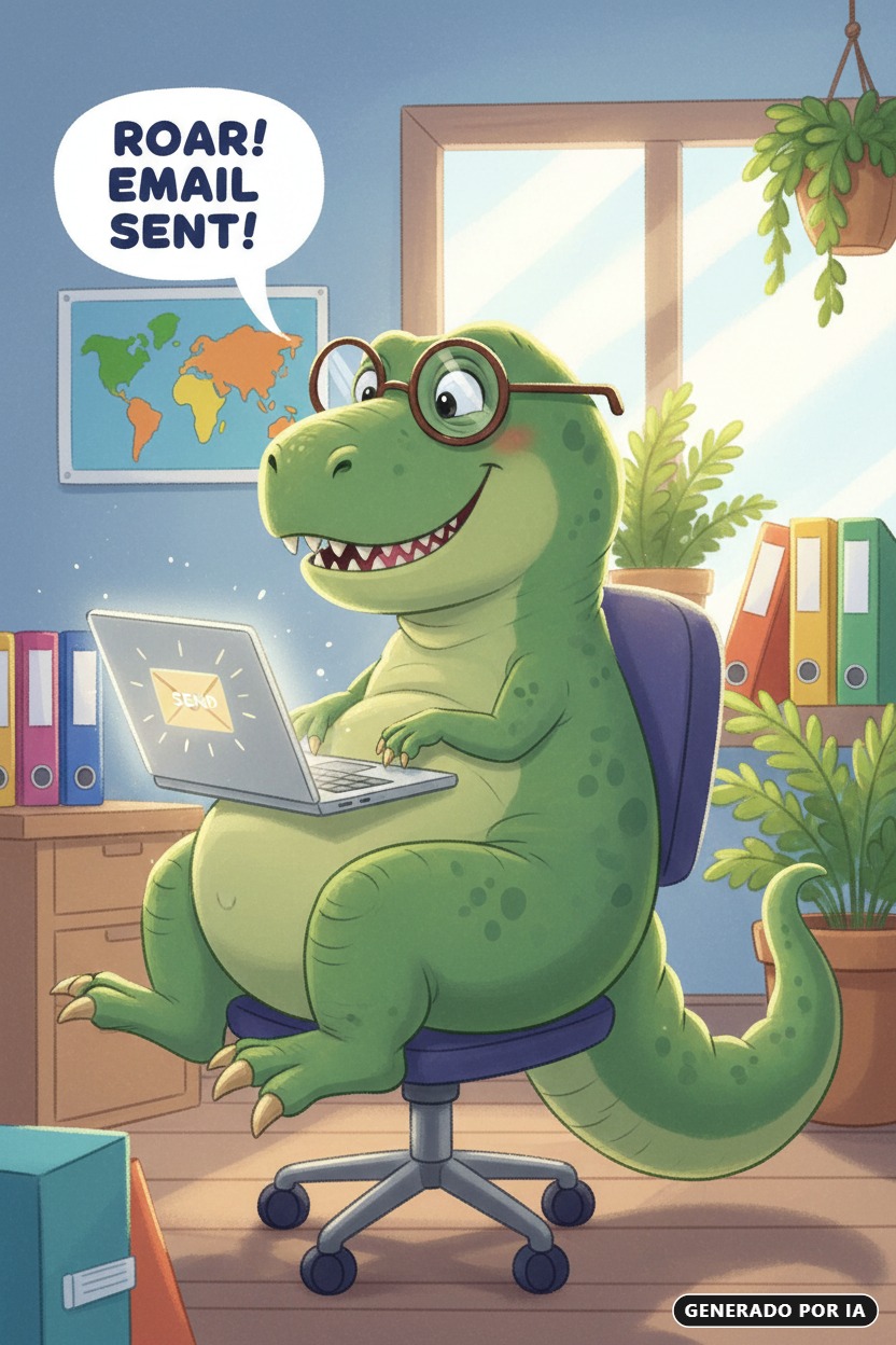Generada por IA: Un tiranosaurio rex con gafas sentado en una oficina frente a un portátil celebra el envío de un correo electrónico.